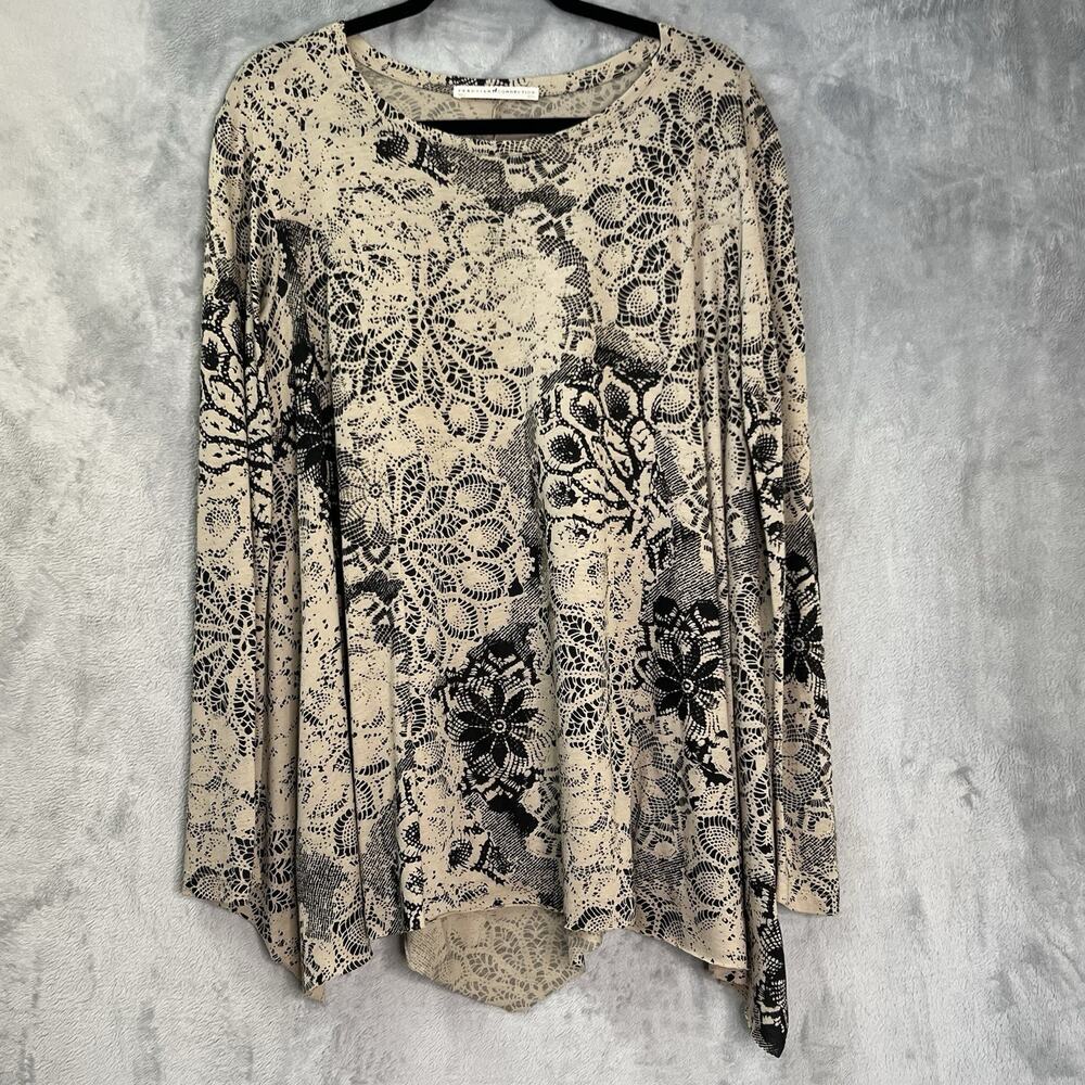Peruvian Connection Asymmetrical Floral‎ Tunic Black Tan Size XS/S Lagenlook Art